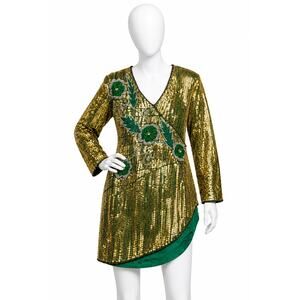 Vintage India Silk Sequin Beaded Green Gold Cocktail Party Dress Womens M